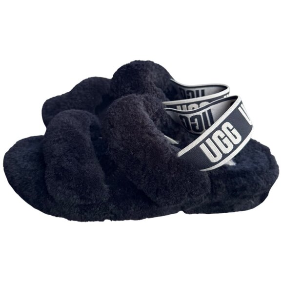Ugg Women's Fluff Yeah Slide Sandals Size 8 Black Sheepskin & Logo Elastic Strap - Picture 3 of 9